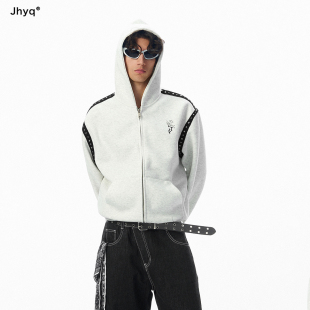 马年限定丨JHYQ朋克风连帽拉链开衫短版卫衣男街头铆钉情侣外套