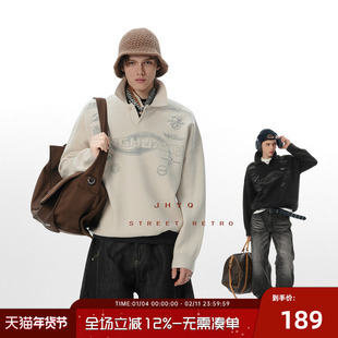 JHYQ净化眼球美式字母印花polo翻领高密针织毛衫宽松潮牌卫衣外套