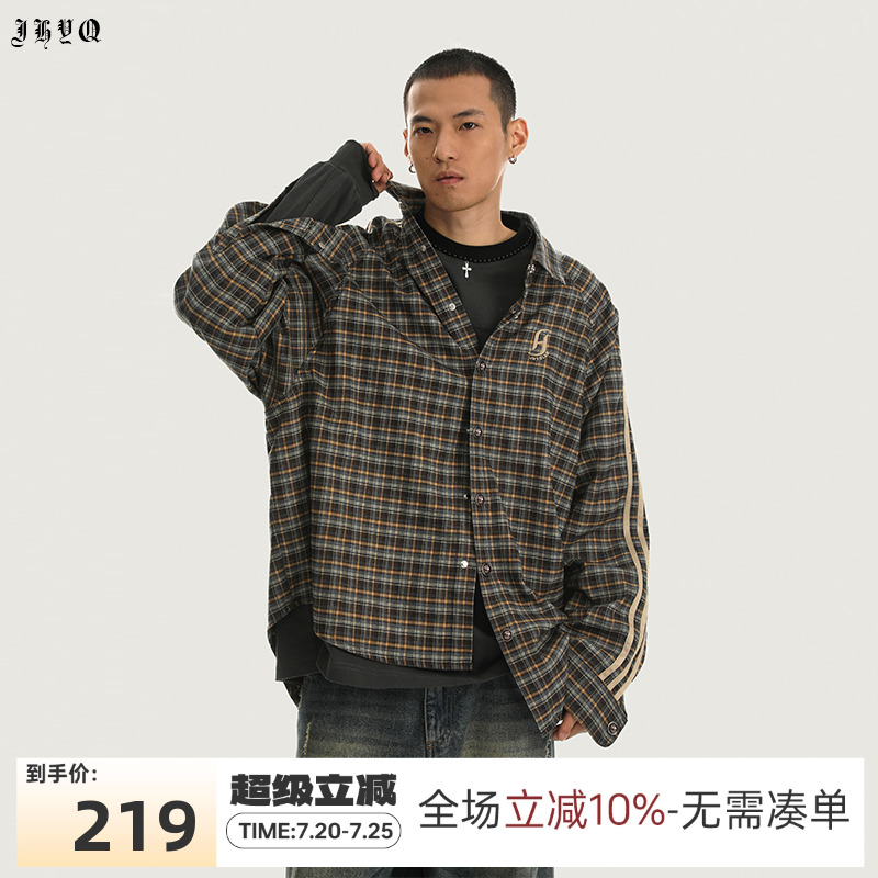 JHYQ春秋美式复古潮牌格子长袖衬衫男宽松翻领刺绣条纹衬衣外套男