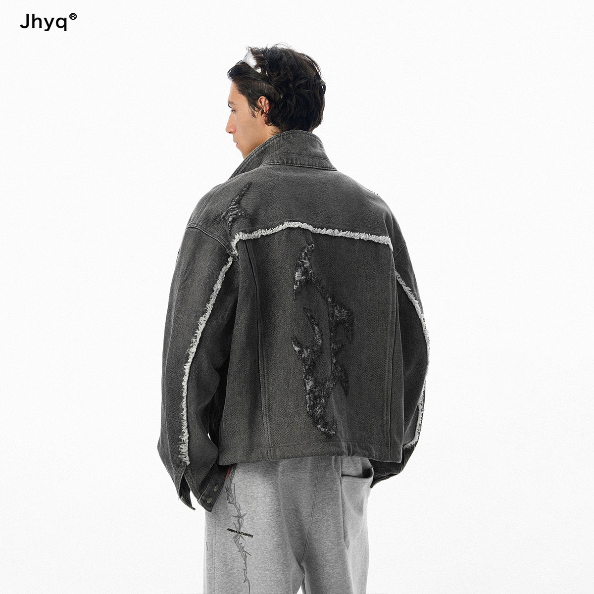 JHYQ美式520G重磅哥特J做旧破洞牛仔夹克男宽松街头风休闲外套图片