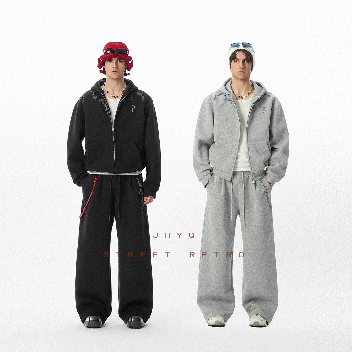 JHYQ美式街头时尚连帽荆棘短款开衫链卫衣套装男春秋休闲运动套装