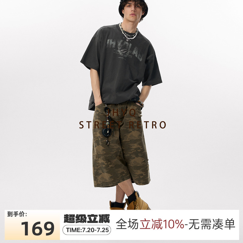 JHYQ夏季美式复古迷彩豹纹工装七分短裤男宽松休闲阔腿直筒中裤女