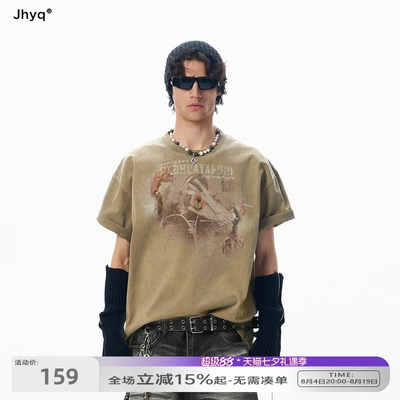 JHYQ美式烈焰印花做旧重水洗300g短袖T恤男宽松oversize潮牌上衣
