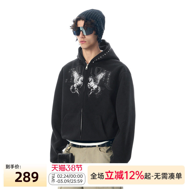 马年飞跃丨JHYQ2026春季连帽铆钉短款飞马卫衣男女大帽沿开衫外套