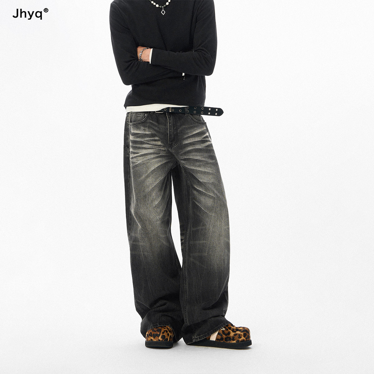 JHYQ春秋直筒宽松闪电纹猫须牛仔裤男美式休闲直筒宽松潮牌长裤图片