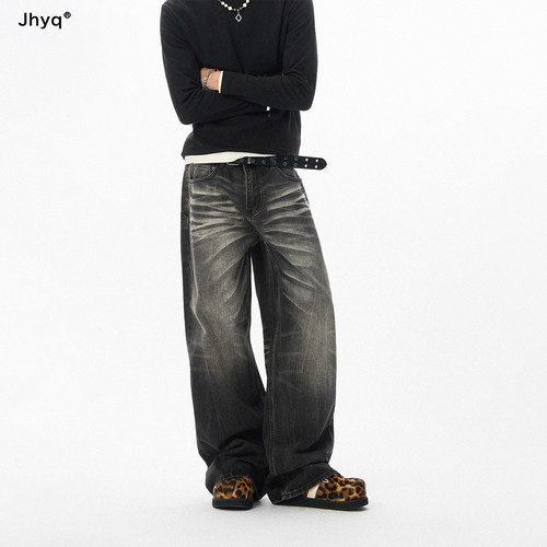 JHYQ春秋直筒宽松闪电纹猫须牛仔裤男美式休闲直筒宽松潮牌长裤