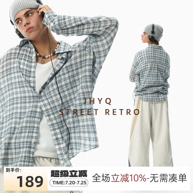 JHYQ春夏季美式复古褶皱格子长袖衬衫男轻薄透气休闲度假遮阳上衣