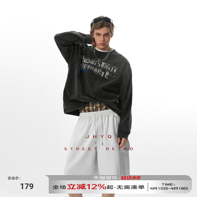 JHYQ净化眼球美式重磅320g水洗长袖T恤男打钉宽松做旧字母卫衣杉