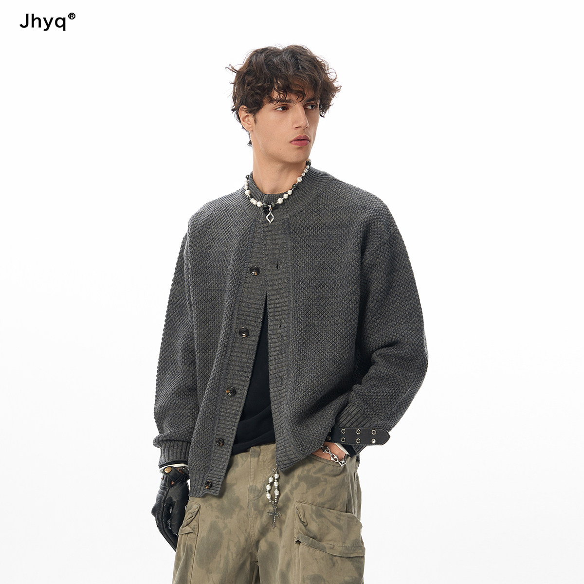 JHYQ美式复古立领针织开衫男图片