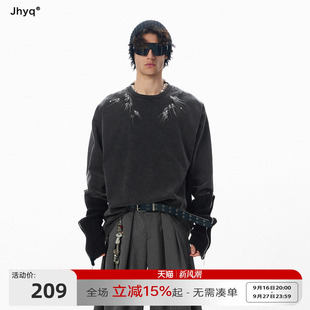 水洗系列丨JHYQ美式街头风飞燕尾镶钻印花长袖T恤男宽松潮牌卫衣