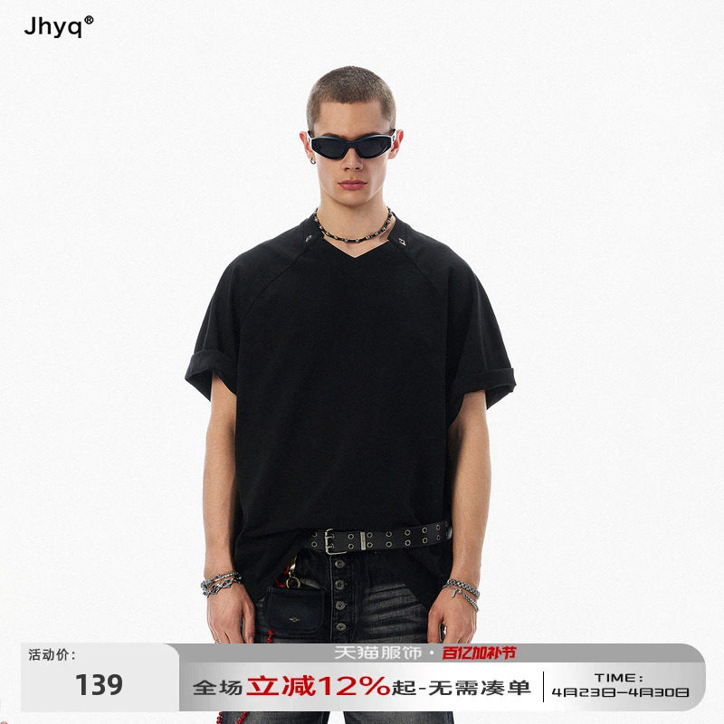 JHYQ美式打钉恶魔之眼异型V领短袖T恤男宽松重磅纯棉百搭体恤