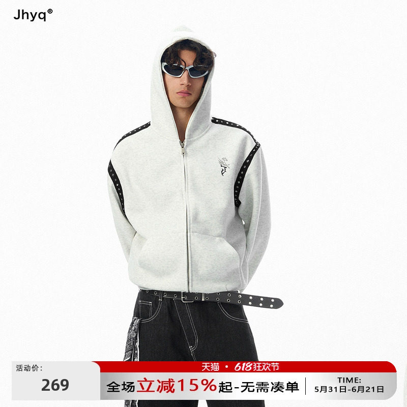 马年限定丨JHYQ朋克风连帽拉链开衫短版卫衣男街头铆钉情侣外套
