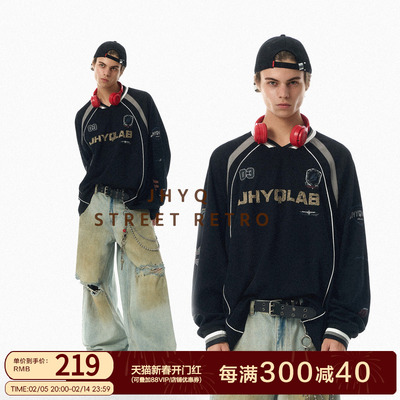 JHYQ美式运动复古街头V领长袖嘻哈宽松插肩T恤男宽松休闲棒球衣服