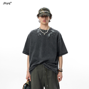 【燕尾】JHYQ美式水洗做旧印花镶钻短袖T恤男宽松重磅圆领上衣夏