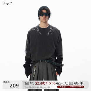 水洗系列丨JHYQ美式街头风飞燕尾镶钻印花长袖T恤男宽松潮牌卫衣