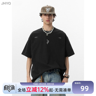 T恤男宽松五分情侣圆领半袖 JHYQ哥特字母J印花纯棉基础百搭款 短袖