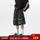 复古重磅泼墨破洞牛仔短裤 男夏季 新款 JHYQ美式 宽松休闲潮牌五分裤