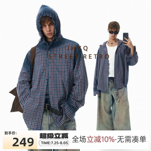 JHYQ美式 宽松潮牌复古街头风外套上衣服 休闲基础格子连帽长袖 衬衫