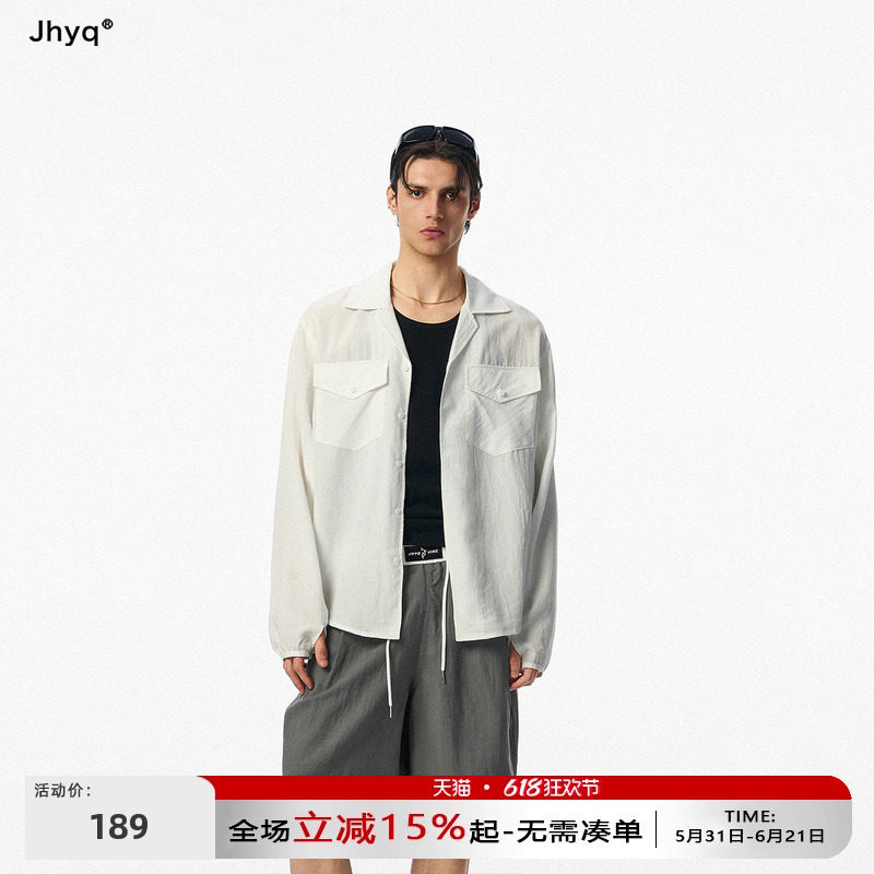JHYQ夏季简约长袖白色天丝亚麻衬衫男翻领轻薄透气遮阳休闲风外套