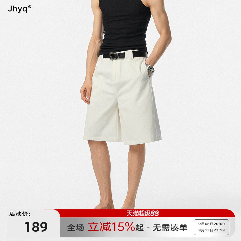 JHYQ夏季高级感cleanfit阔腿中腰五分牛仔短裤男白色休闲中裤										