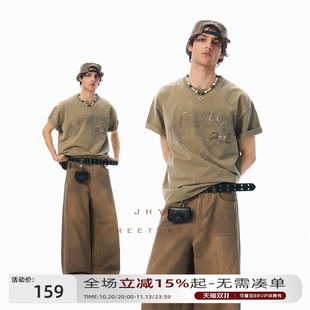 JHYQ美式280g字母立体烫印花水洗短袖T恤男宽松潮牌纯棉复古上衣