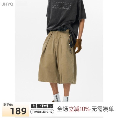 JHYQ美式水洗工装短裤男宽松直筒褶皱阔腿伐木中裤cleanfit短裤