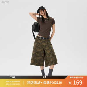 JHYQ夏季美式复古迷彩工装七分短裤男宽松休闲阔腿显瘦直筒中裤女