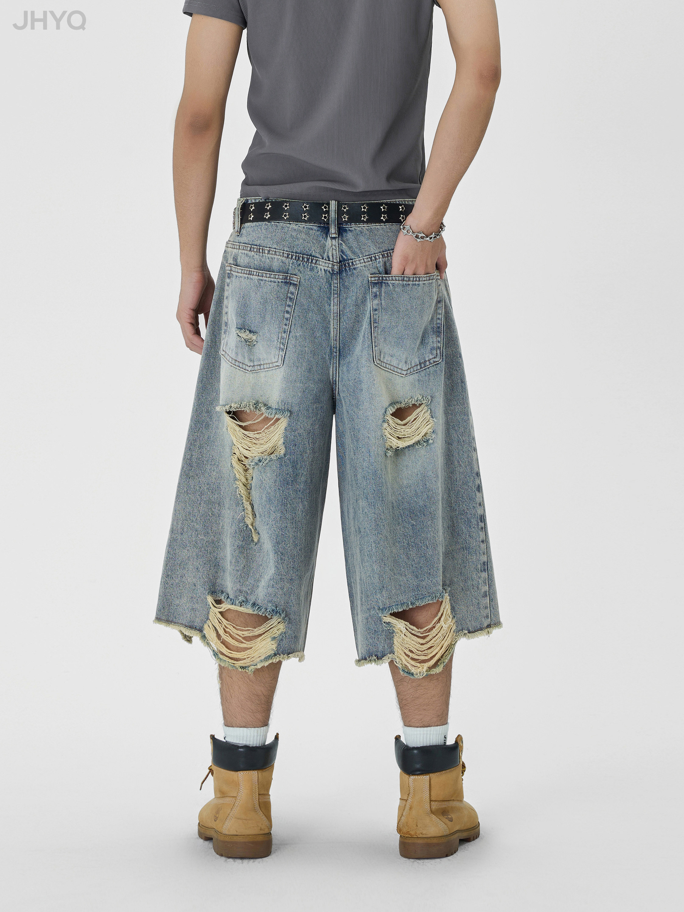 JHYQ WASHED DISTRESSED RIPPED BRUSHED RETRO CROPPED DENIM SHORTS FOR MEN AND WOMEN LOOSE WIDE-LEG TRENDY CASUAL PANTS