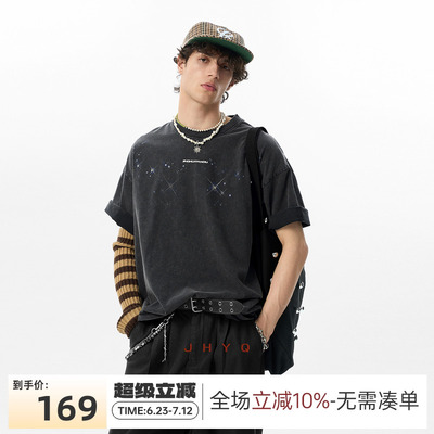 JHYQ美式复古镶钻星星字母印花短袖T恤男夏季新款宽松休闲半袖