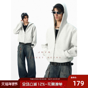 JHYQ无logo美式宽松净版连帽短款卫衣男女拉链开衫外套休闲帽衫