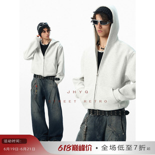 JHYQ无logo美式宽松净版连帽短款卫衣男女拉链开衫外套休闲帽衫