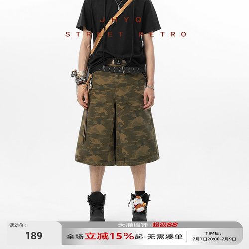 JHYQ美式复古迷彩工装七分短裤男休闲阔腿显瘦宽松直筒夏季中裤