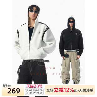 马年限定丨JHYQ朋克风连帽拉链开衫短版卫衣男街头铆钉情侣外套