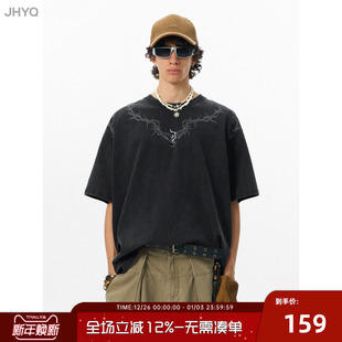 短袖 JHYQ净化眼球荆棘重磅水洗宽松圆领T恤男美式 女 邓为同款