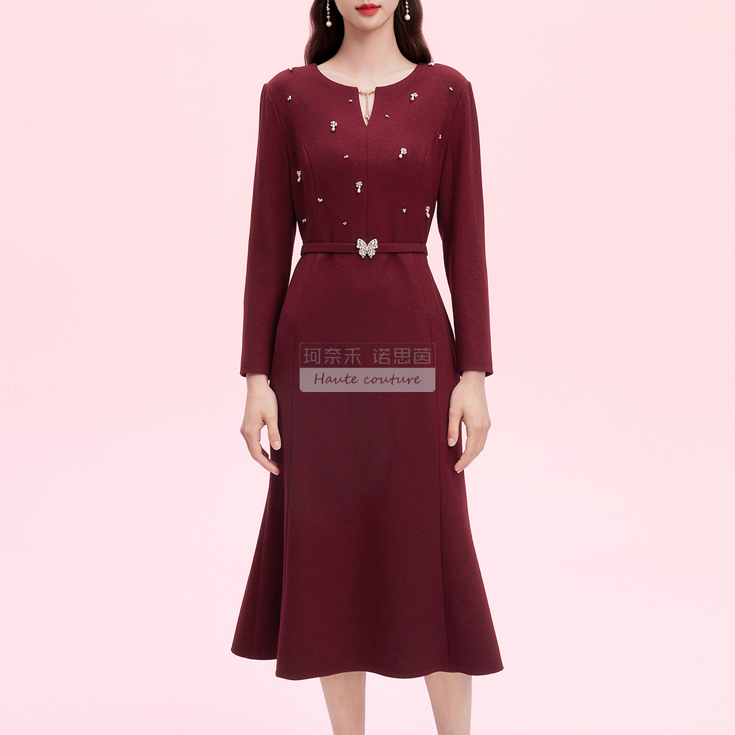 商场同款拉珂 宴会风重工钉珠冬季新款收腰鱼尾连衣裙秋RF07014A8