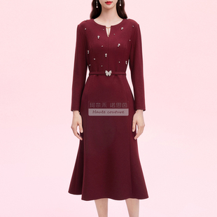 新款 25秋冬季 宴会收腰重工钉珠鱼尾连衣裙RF07014A8 女裙 拉珂同款