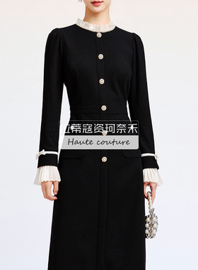 拉珂同款长裙女 羊毛25秋冬季泡泡袖通勤修身显瘦连衣裙RF06554W0