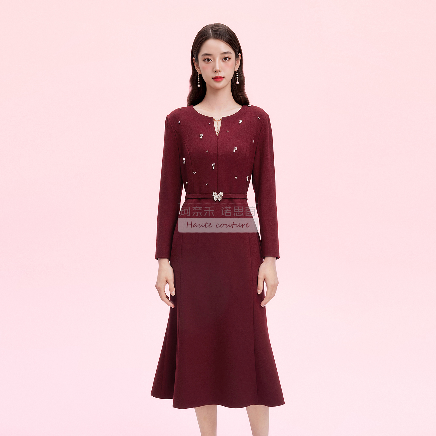 【商场同款珂蒂】25秋冬季宴会新款淑女收腰重工钉珠鱼尾连衣裙子