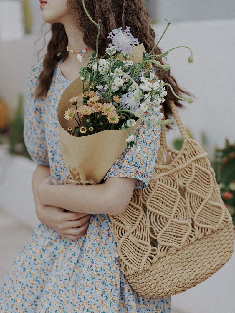 镂空网格包假风草编包包手工编织包沙滩单肩包大容量休闲百搭夏季