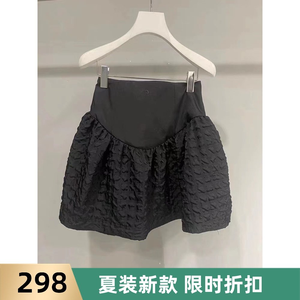 优诏2022年夏季新款暗纹格子蓬蓬裙显瘦拼接a型花苞裙半身短裙女