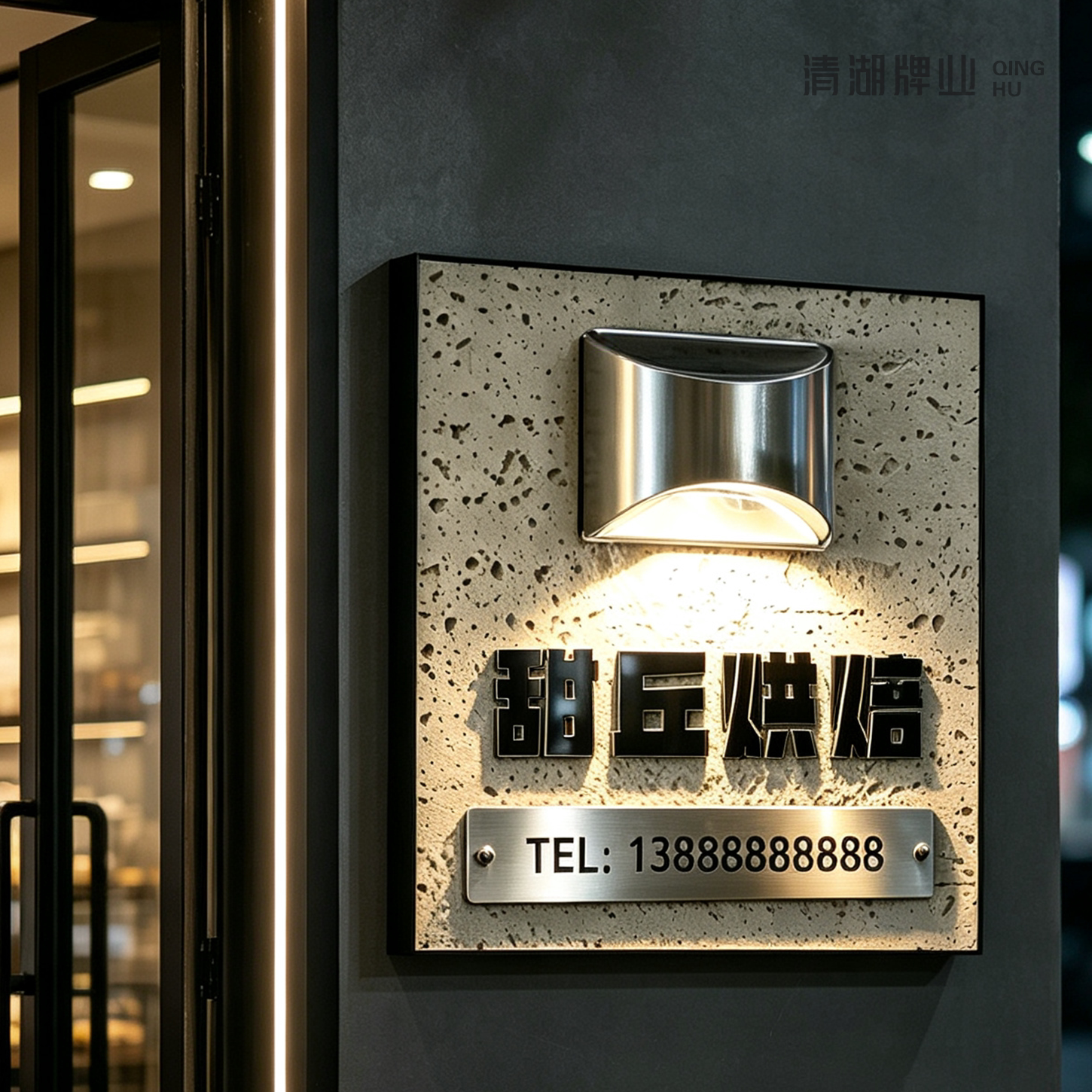 户外太阳能门牌灯室外防水LOGO牌定制门牌石广告牌公司店铺装饰牌大门口墙面招牌大理石天然洞石标识展示牌