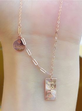 俄罗斯585紫金韩版简约方牌项链玫瑰金数字彩金女款时尚百搭ins风