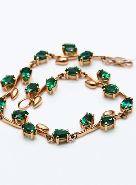 俄罗斯585紫金玫瑰金镶嵌绿石树叶手链饰品经典欧美潮流ins设计感