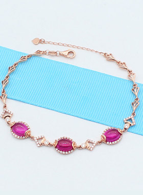 俄罗斯585紫金镶嵌红石时尚椭圆手链镀18K玫瑰金简约气质女款礼物