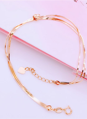 俄罗斯585紫金手饰玫瑰金镀14k简约爱心蛇骨手链时尚女款韩版礼物