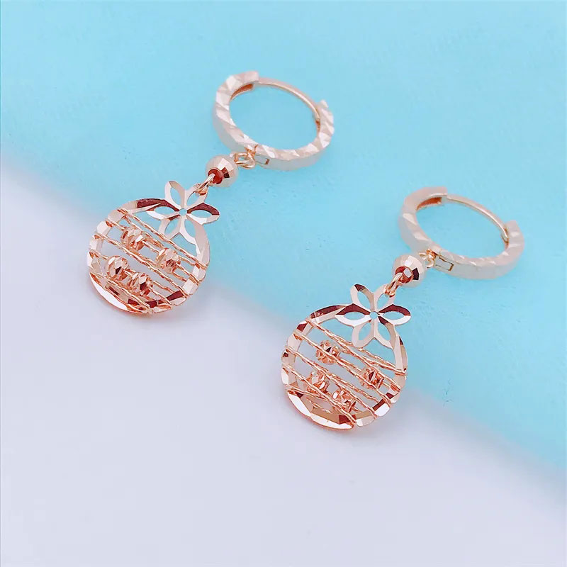 俄罗斯585紫金镀14K彩金镂空花拉丝耳环时尚精美气质女士耳饰礼物