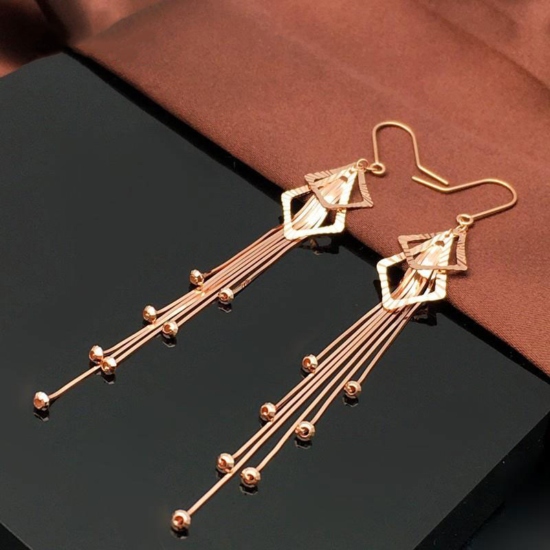 俄罗斯紫金585镀18K玫瑰金蛇骨流苏耳环耳饰