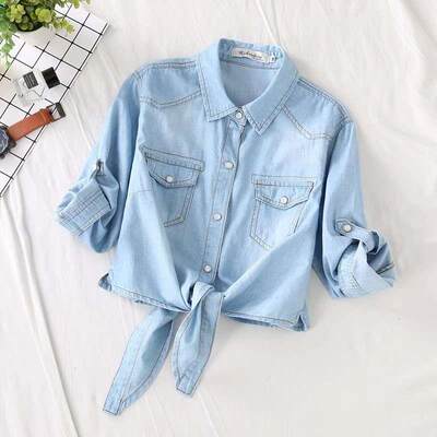Lace knotted denim shirt womens loose thin denim