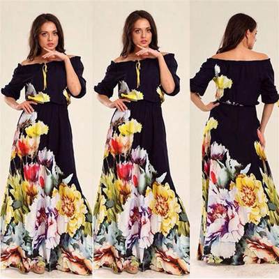 Long floral print one-quarter neckline dress with puff