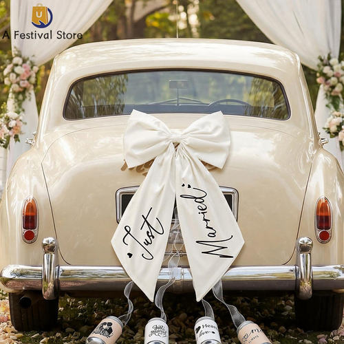 White Satin Just Married Wedding Car Bow Tail Car Decor Bow